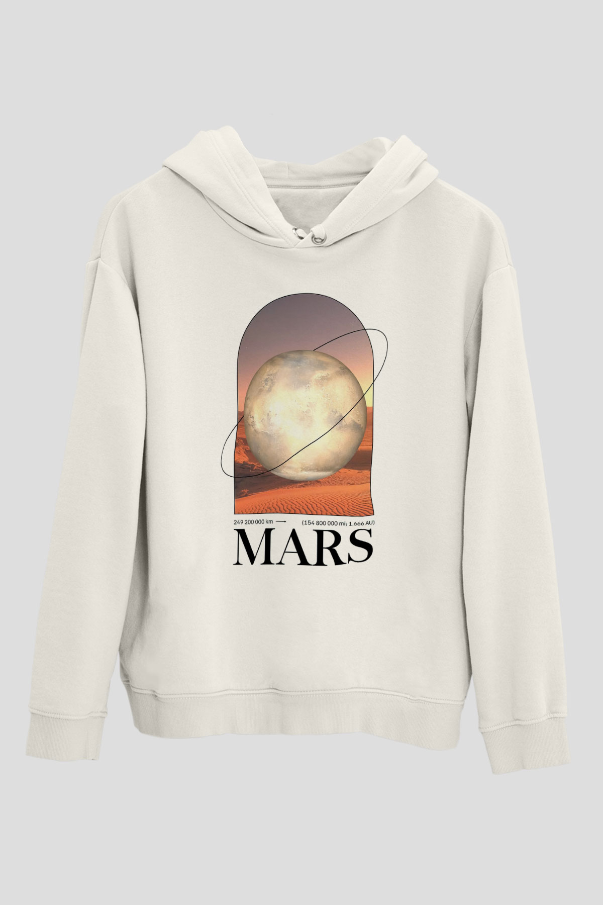 Mars Gezegeni Baskılı Unisex Ekru Hoodie