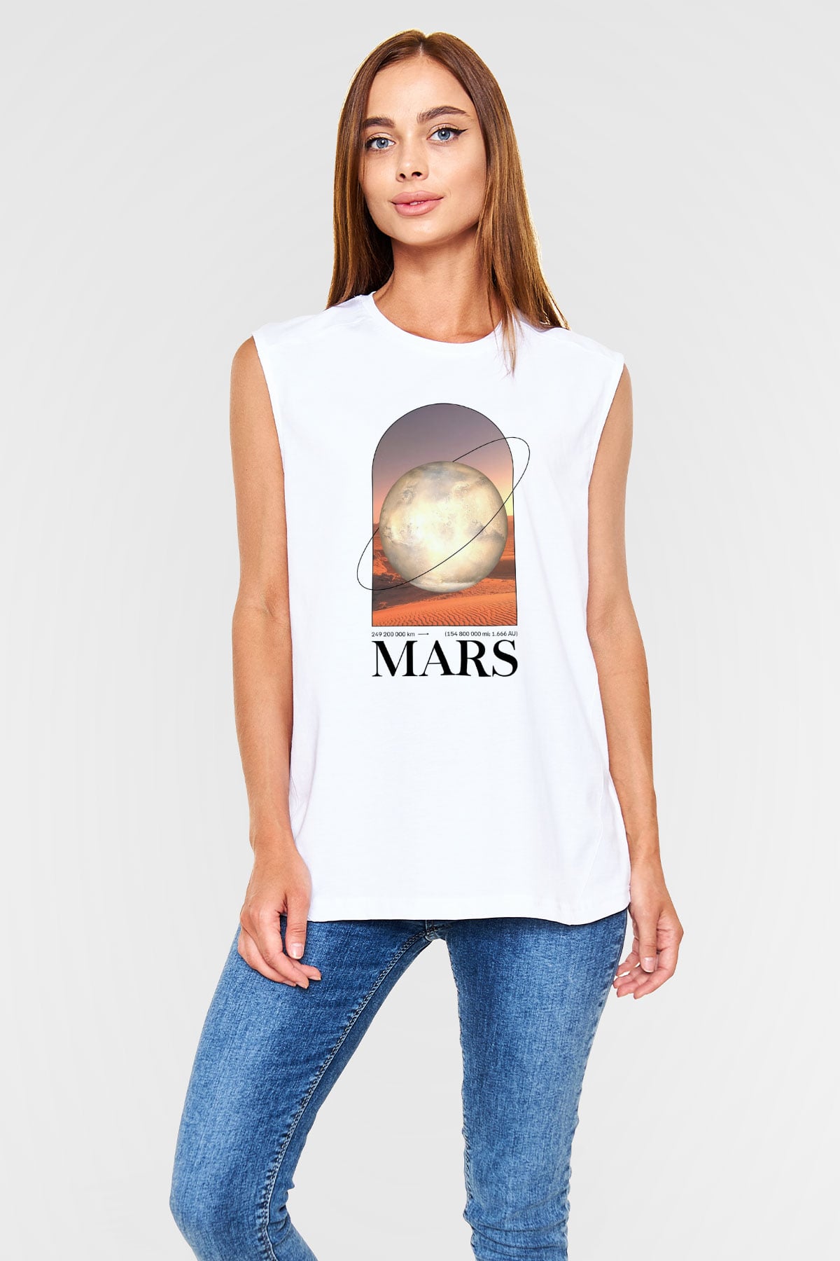 Mars Gezegeni Baskılı Unisex Kolsuz Beyaz Tişört - Tshirt