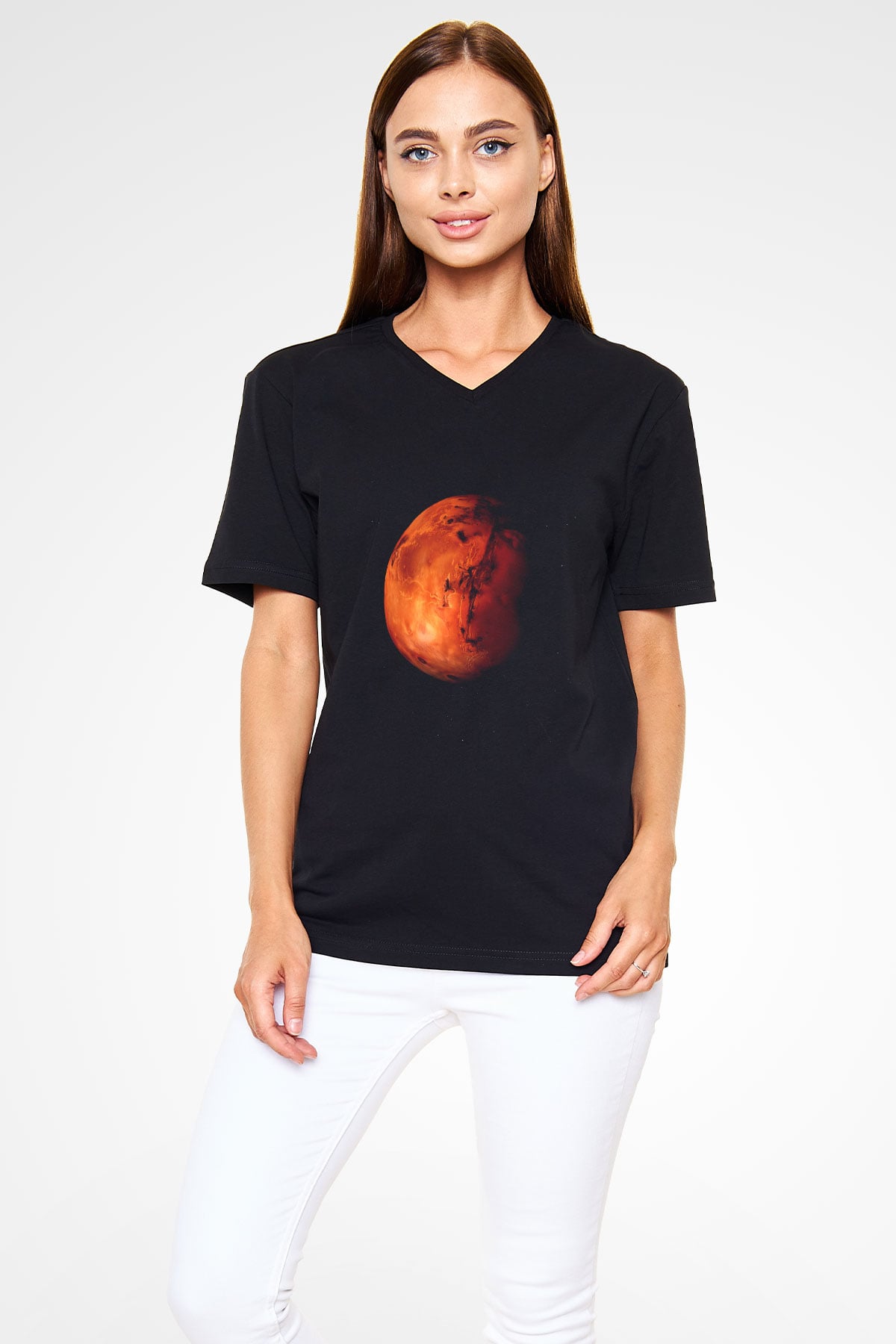 Mars Siyah Unisex V Yaka Tişört T-Shirt