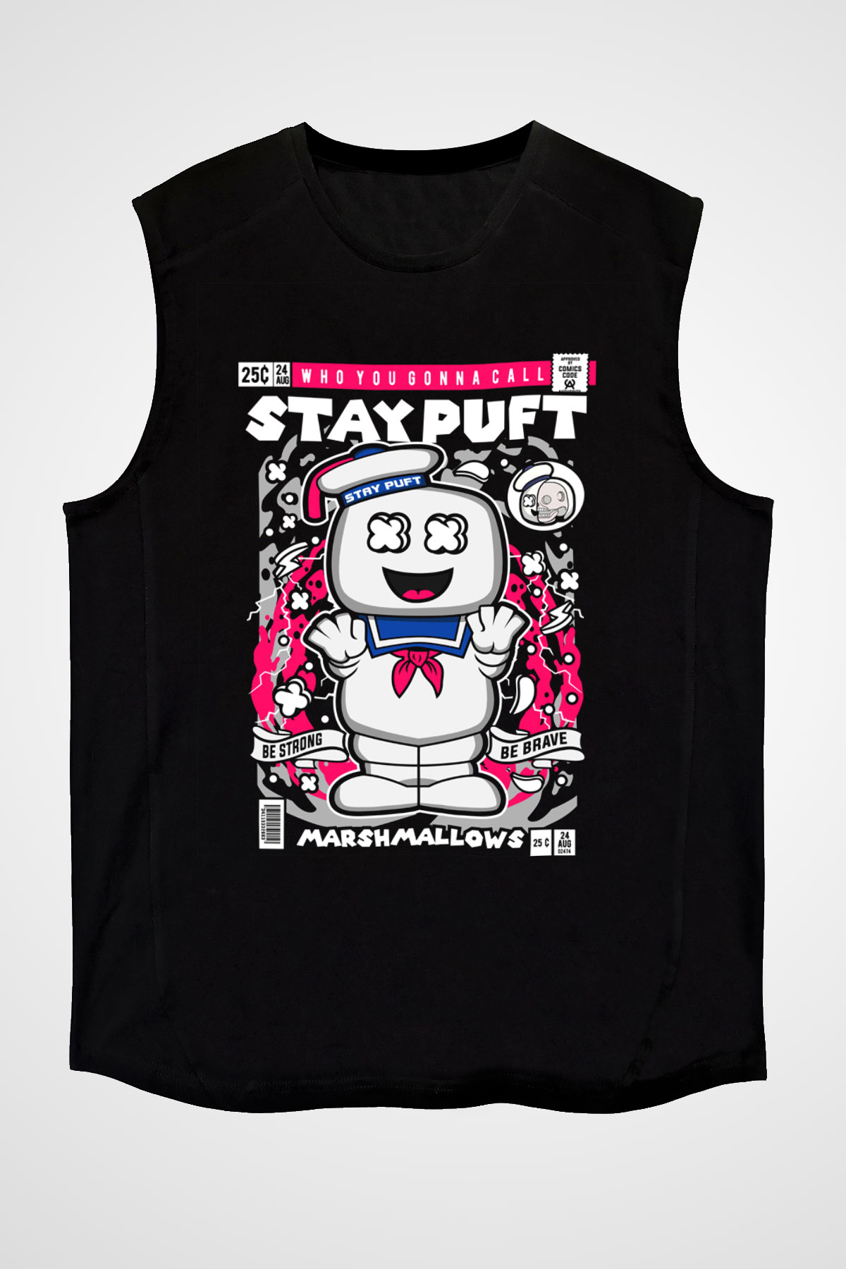Marshmallow Baskılı Unisex Siyah Kolsuz Tişört