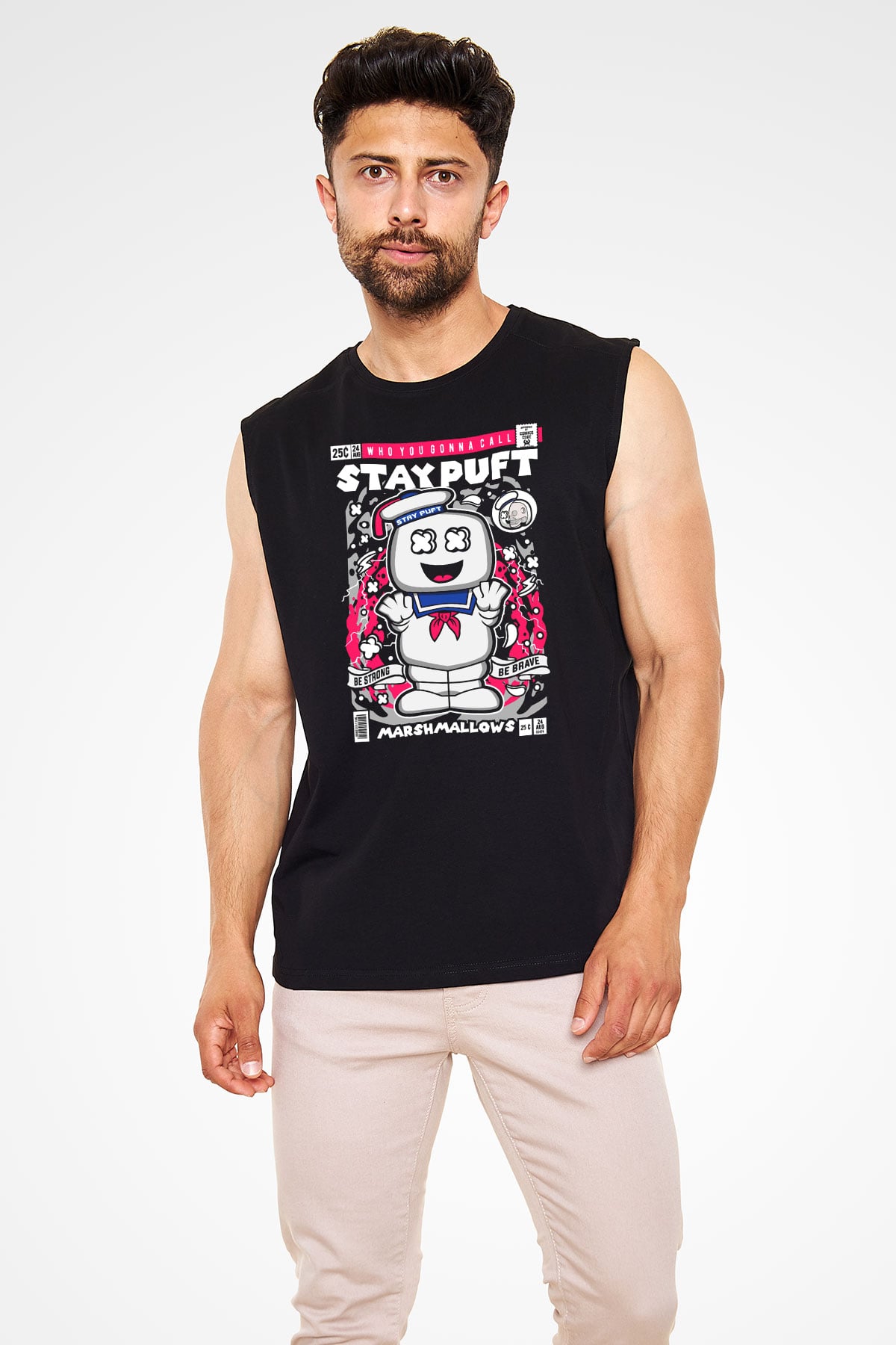 Marshmallow Baskılı Unisex Siyah Kolsuz Tişört