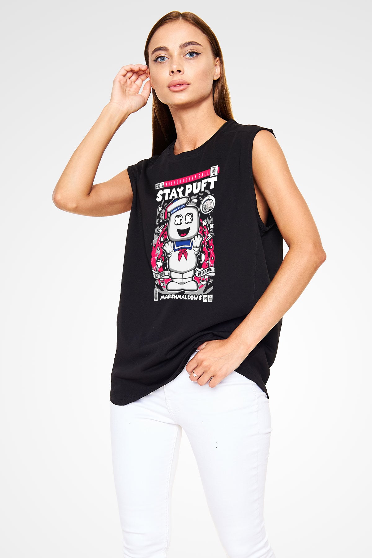 Marshmallow Baskılı Unisex Siyah Kolsuz Tişört