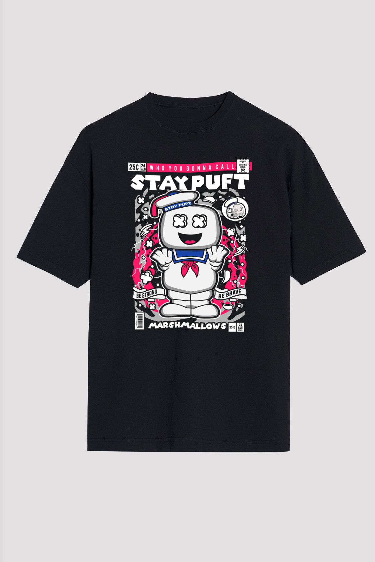 Marshmallow Baskılı Unisex Siyah Oversize Tişört