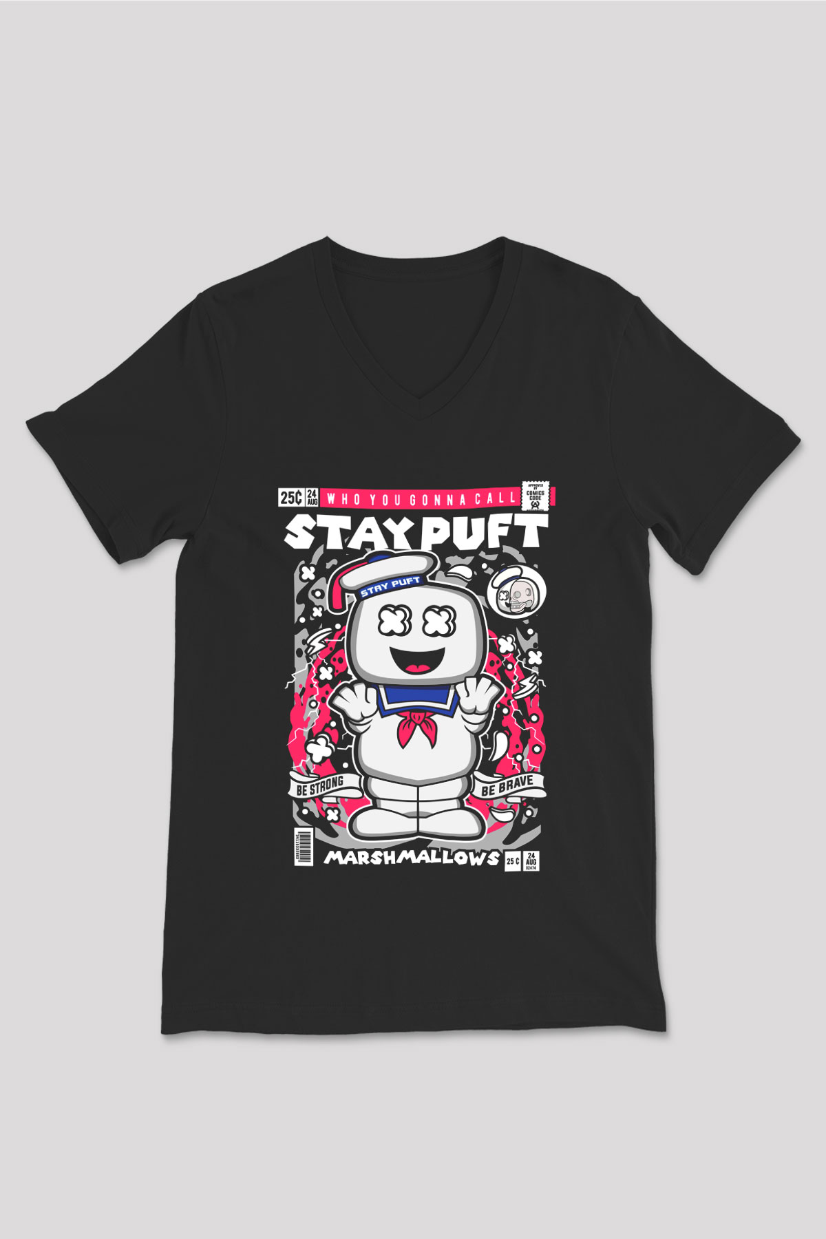 Marshmallow Baskılı Unisex Siyah V Yaka Tişört