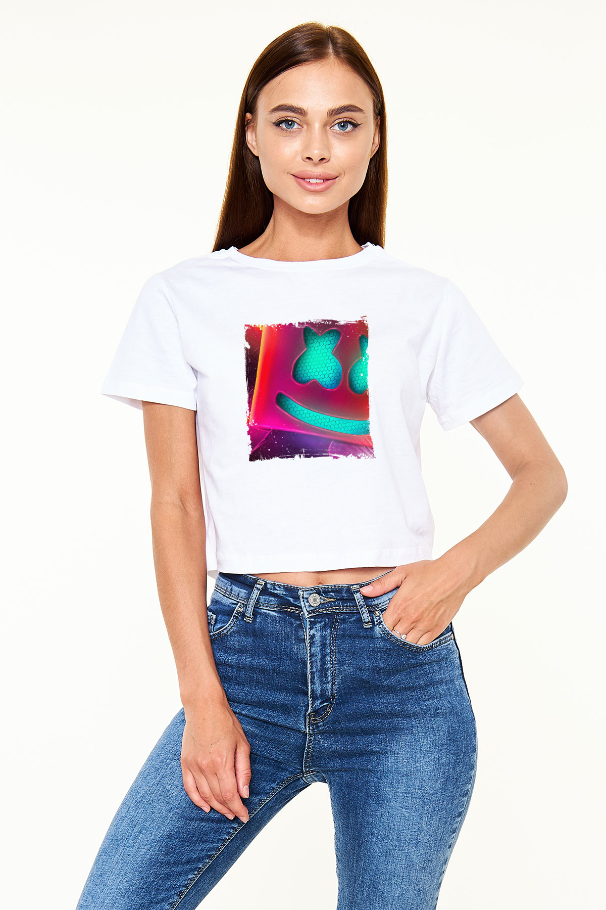 Marshmello Baskılı Beyaz Kadın Crop Top Tişört