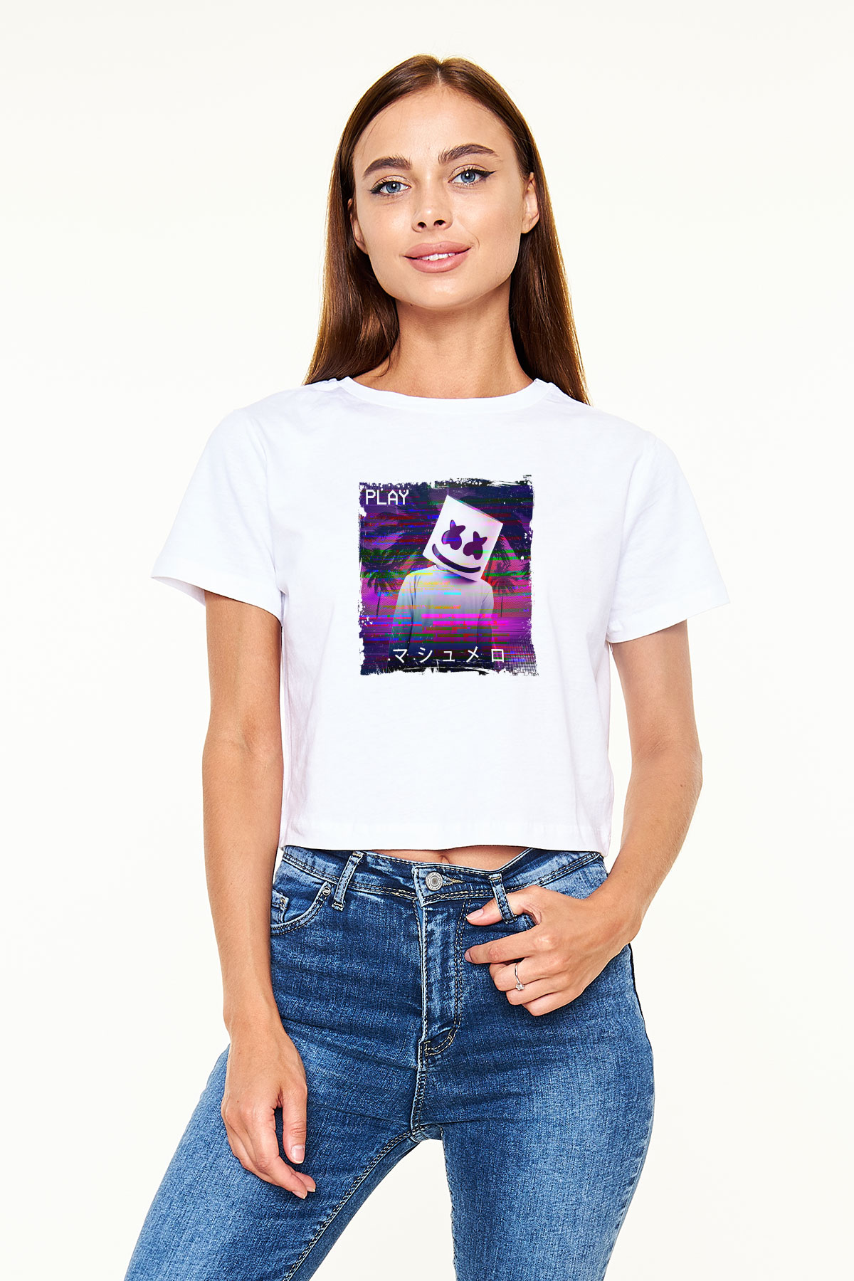 Marshmello Baskılı Beyaz Kadın Crop Top Tişört