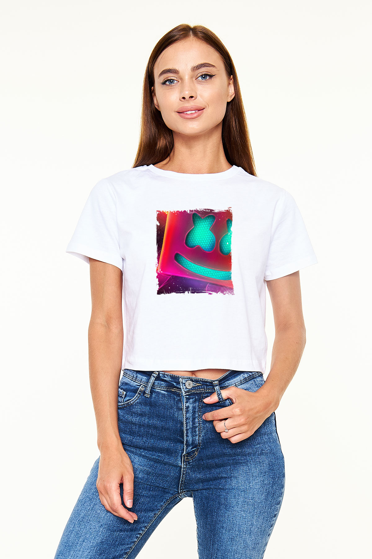 Marshmello Baskılı Beyaz Kadın Crop Top Tişört