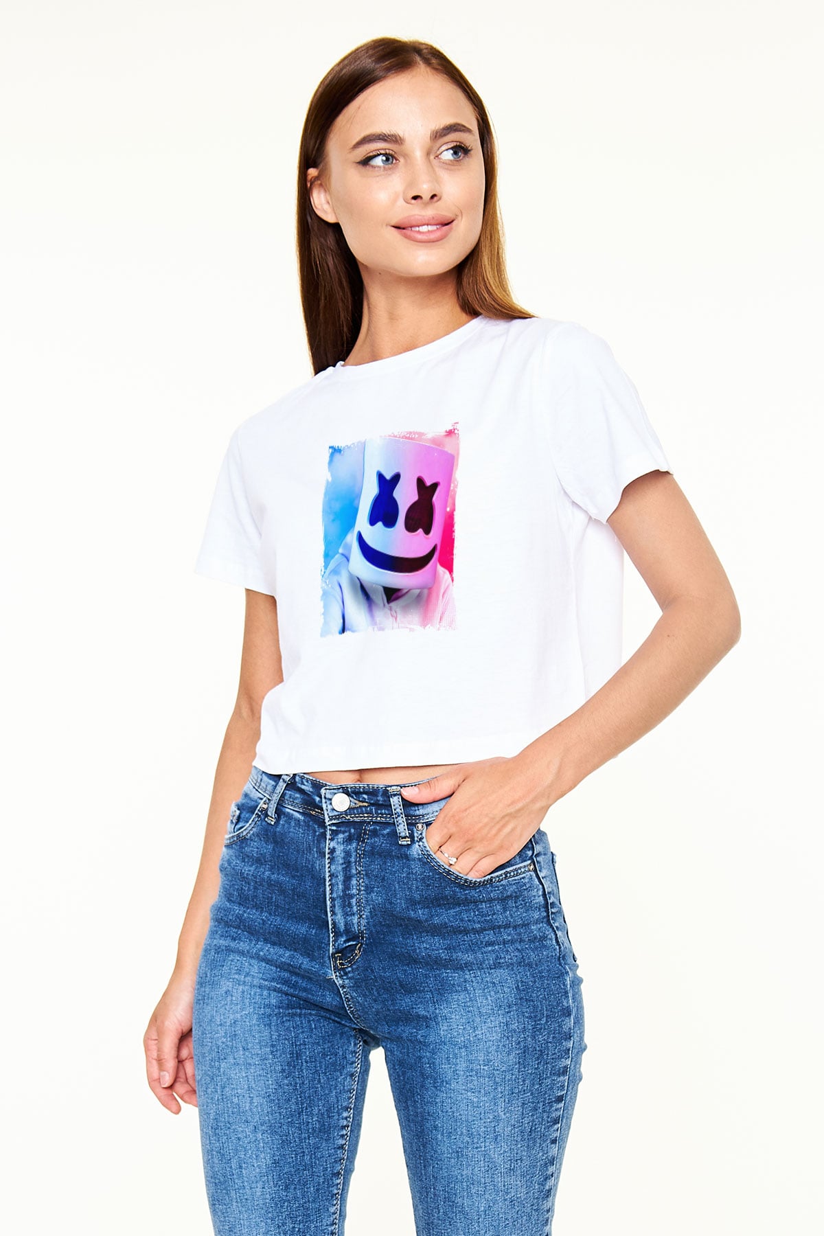 Marshmello Baskılı Beyaz Kadın Crop Top Tişört