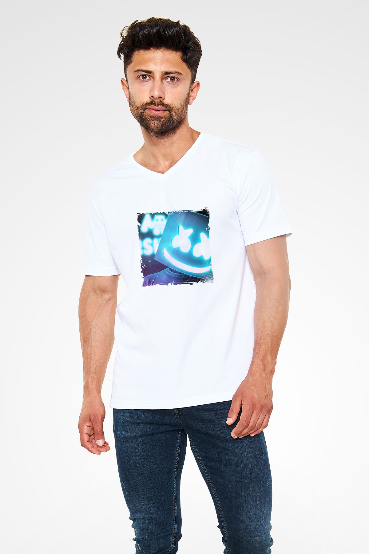 Marshmello Baskılı Beyaz V Yaka Unisex Tişört