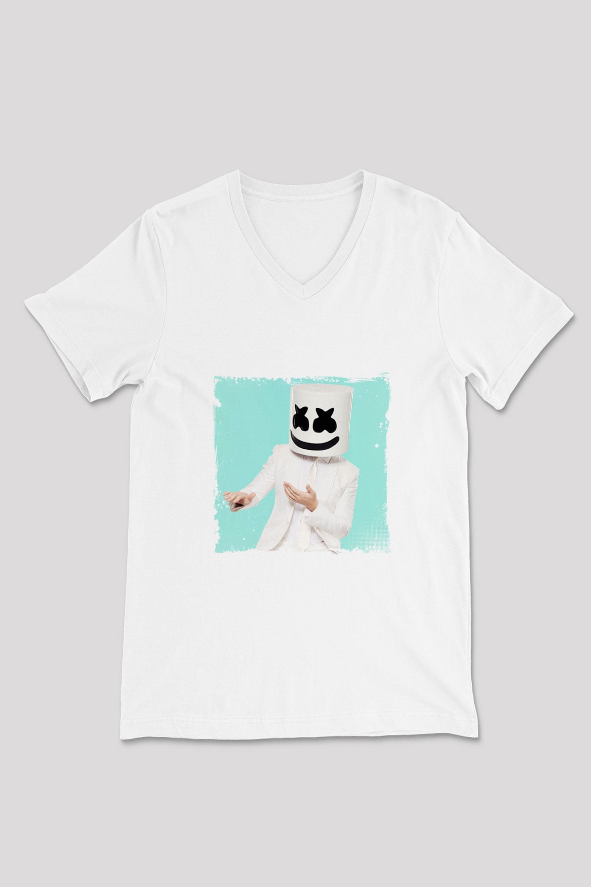 Marshmello Baskılı Beyaz V Yaka Unisex Tişört