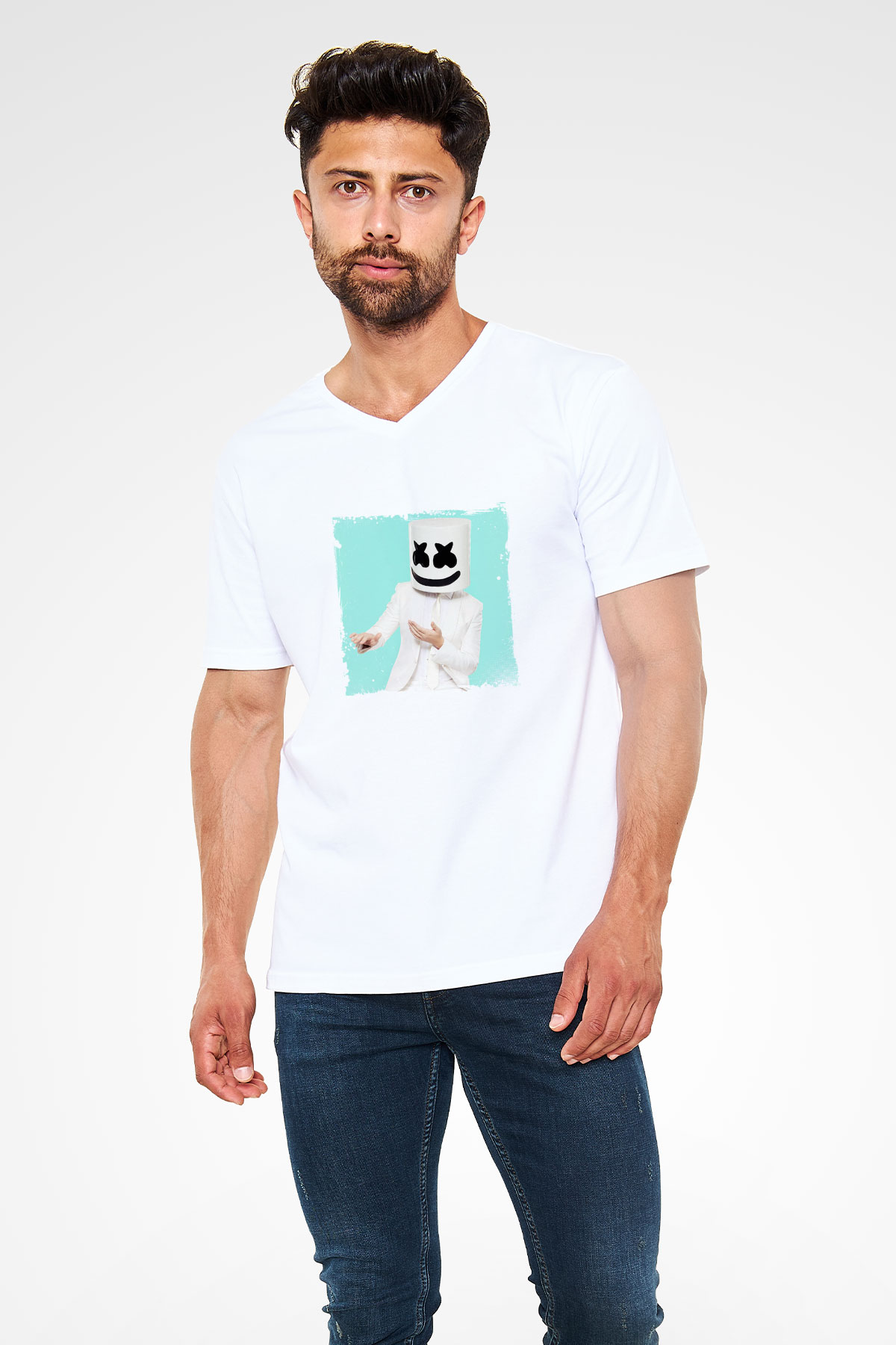 Marshmello Baskılı Beyaz V Yaka Unisex Tişört