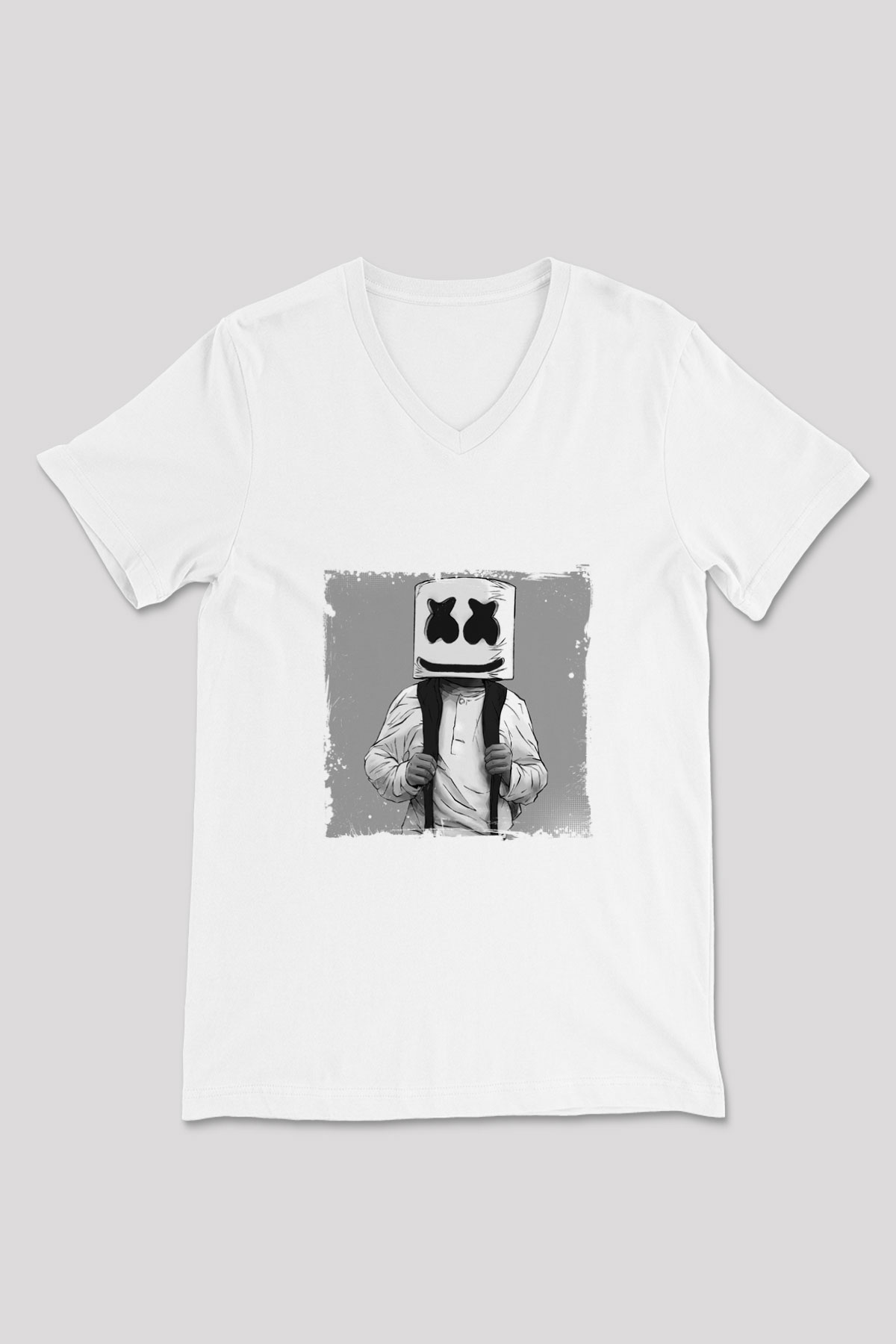 Marshmello Baskılı Beyaz V Yaka Unisex Tişört