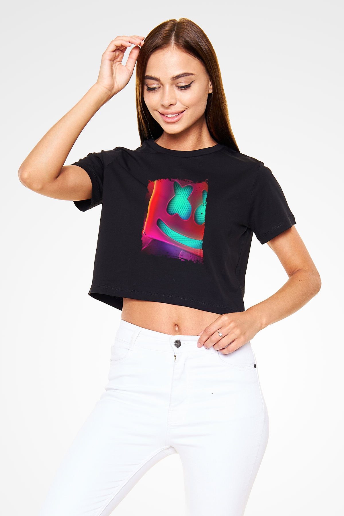Marshmello Baskılı Crop Top Siyah Kadın Tişört