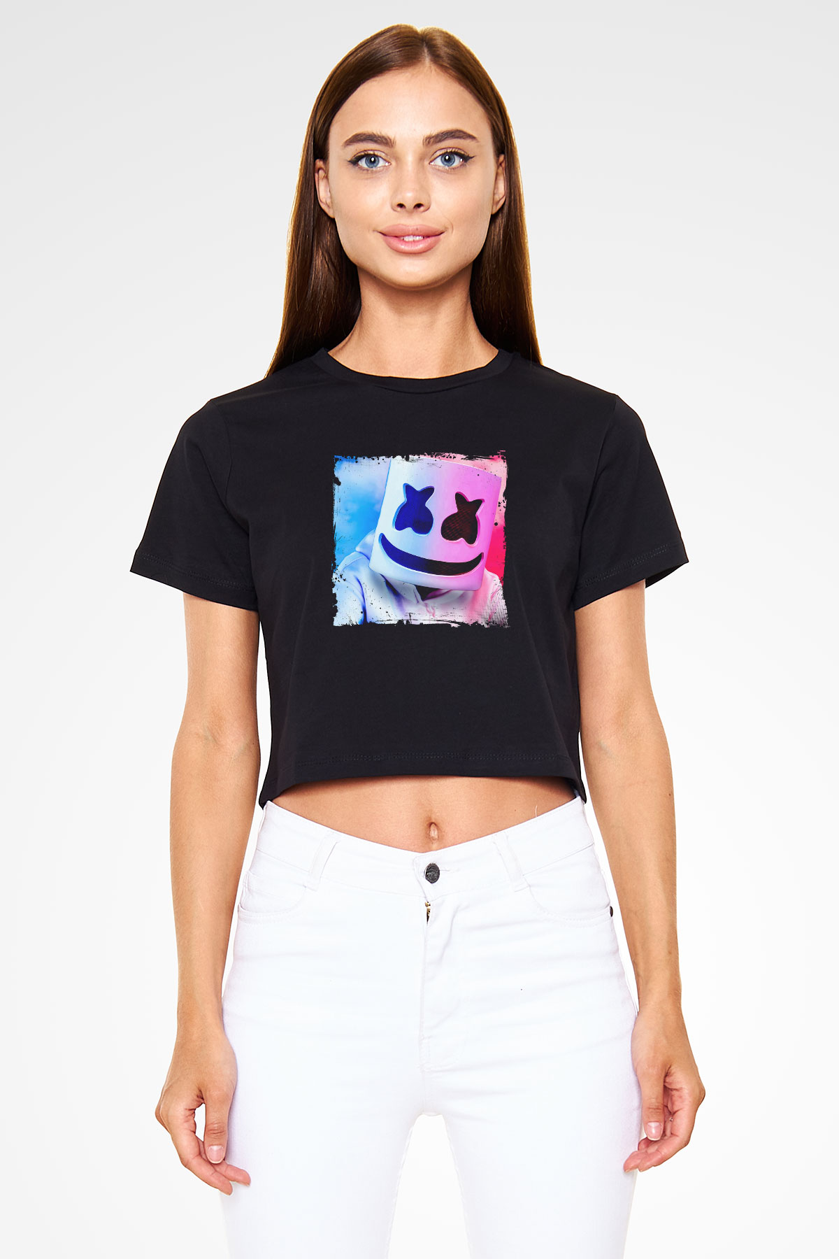 Marshmello Baskılı Crop Top Siyah Kadın Tişört