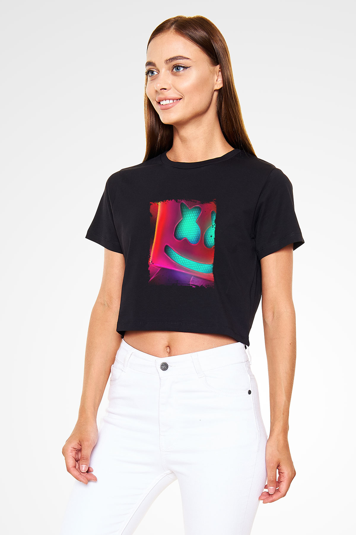 Marshmello Baskılı Crop Top Siyah Kadın Tişört