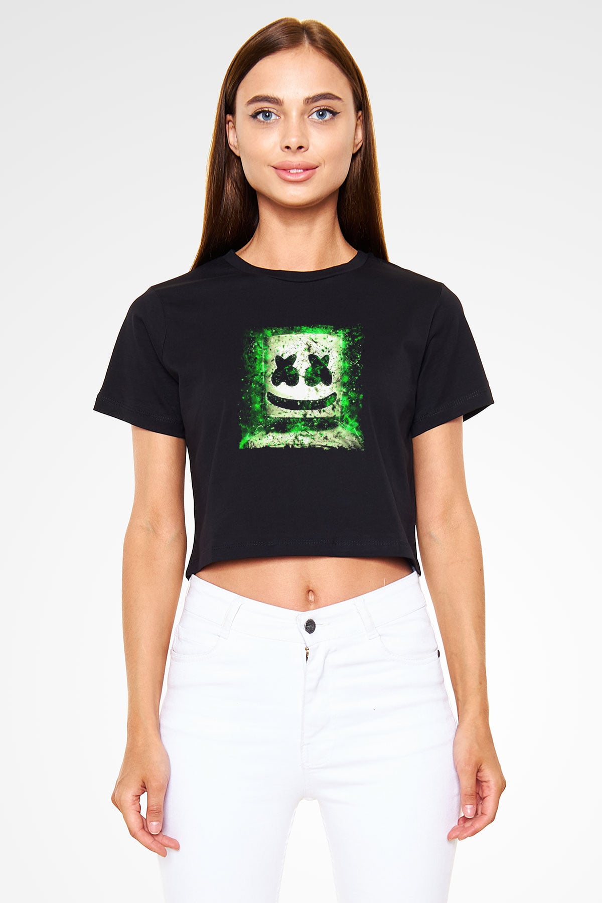Marshmello Baskılı Crop Top Siyah Kadın Tişört
