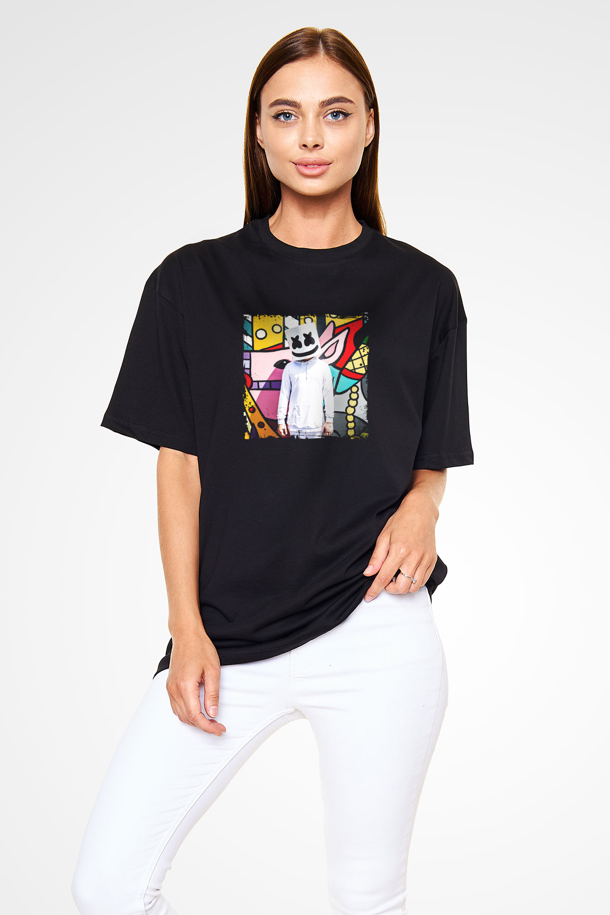 Marshmello Baskılı Unisex Oversize Siyah Tişört