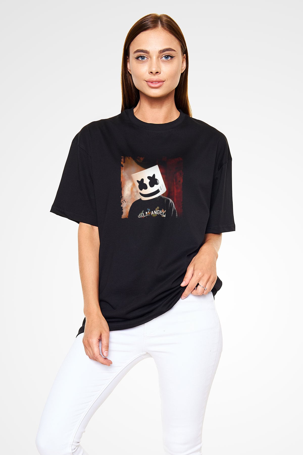 Marshmello Baskılı Unisex Oversize Siyah Tişört