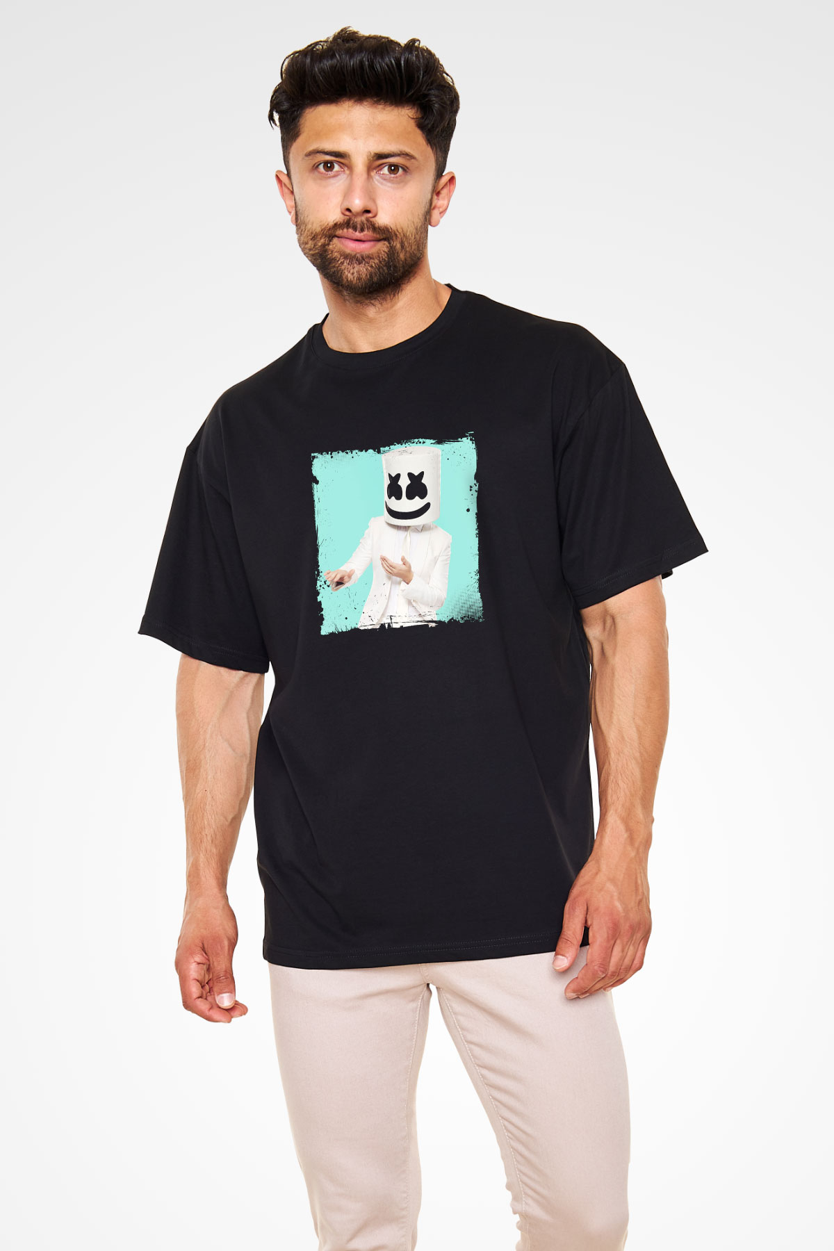 Marshmello Baskılı Unisex Oversize Siyah Tişört