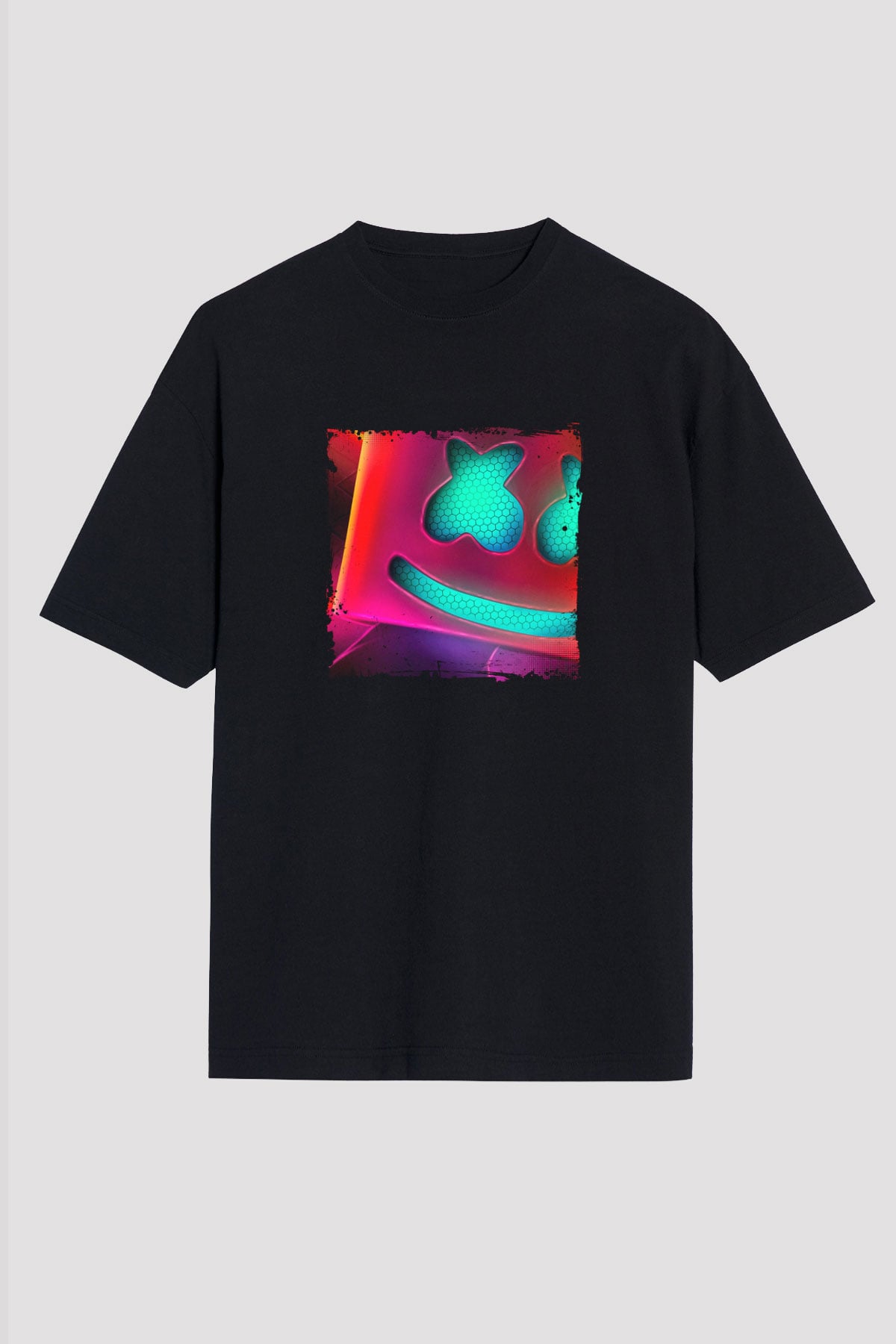 Marshmello Baskılı Unisex Oversize Siyah Tişört