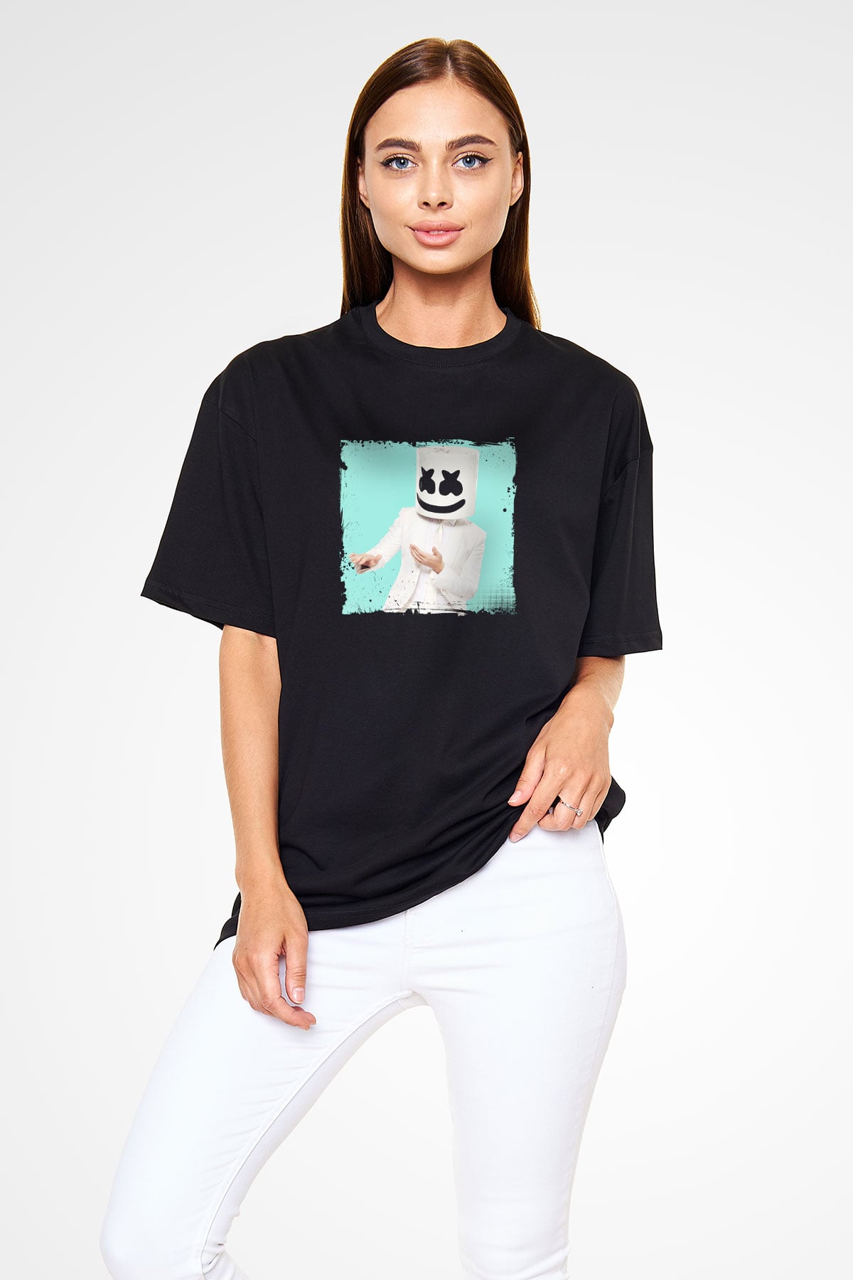 Marshmello Baskılı Unisex Oversize Siyah Tişört
