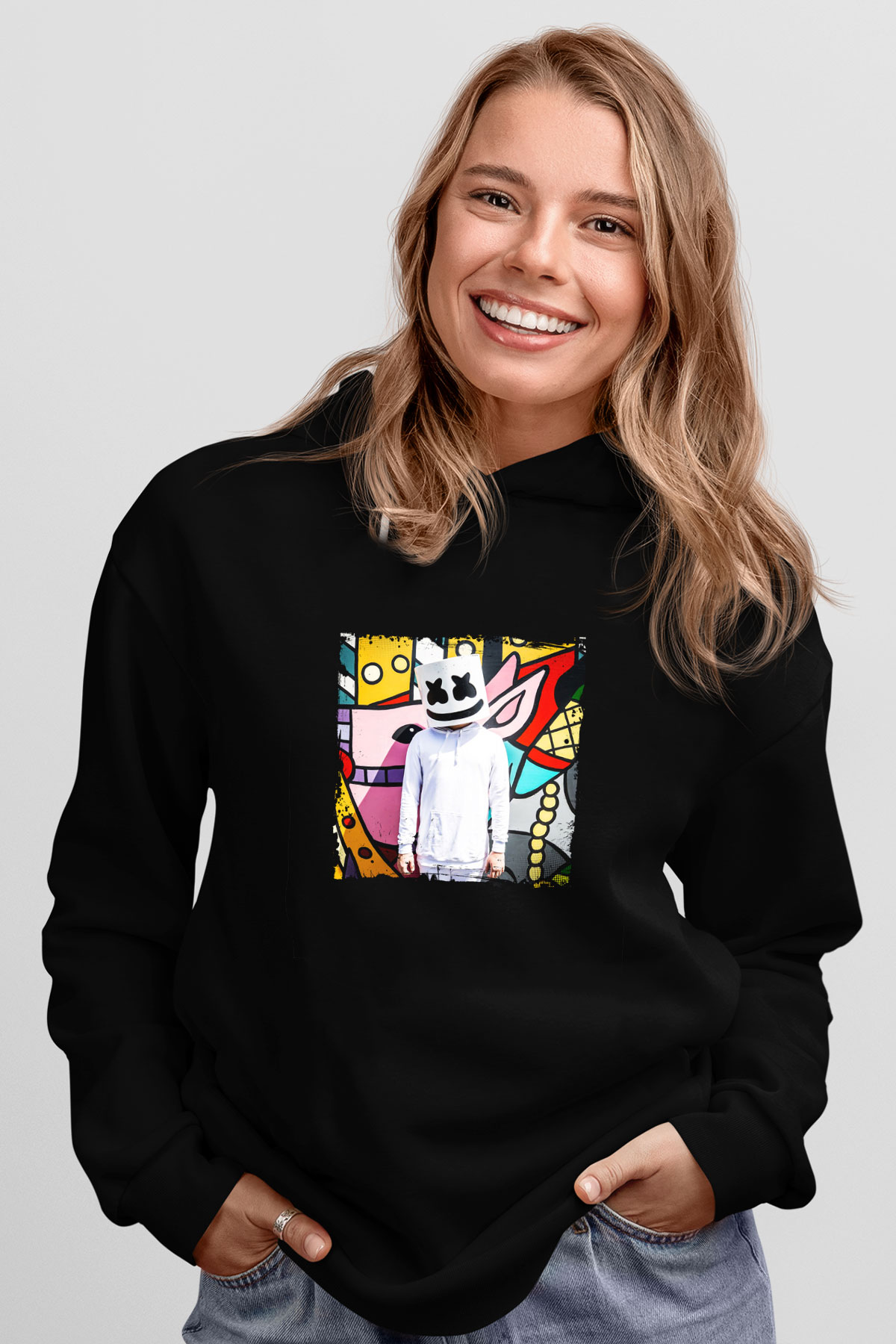 Marshmello Baskılı Unisex Siyah Hoodie