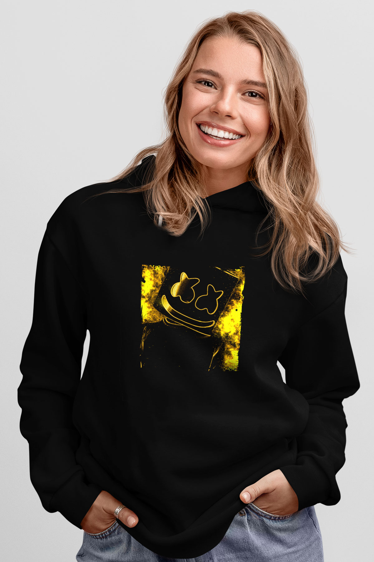 Marshmello Baskılı Unisex Siyah Hoodie