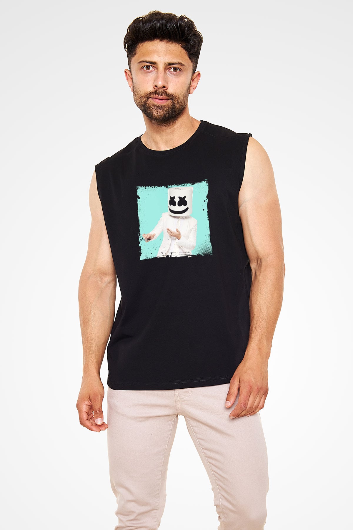 Marshmello Baskılı Unisex Siyah Kolsuz Tişört