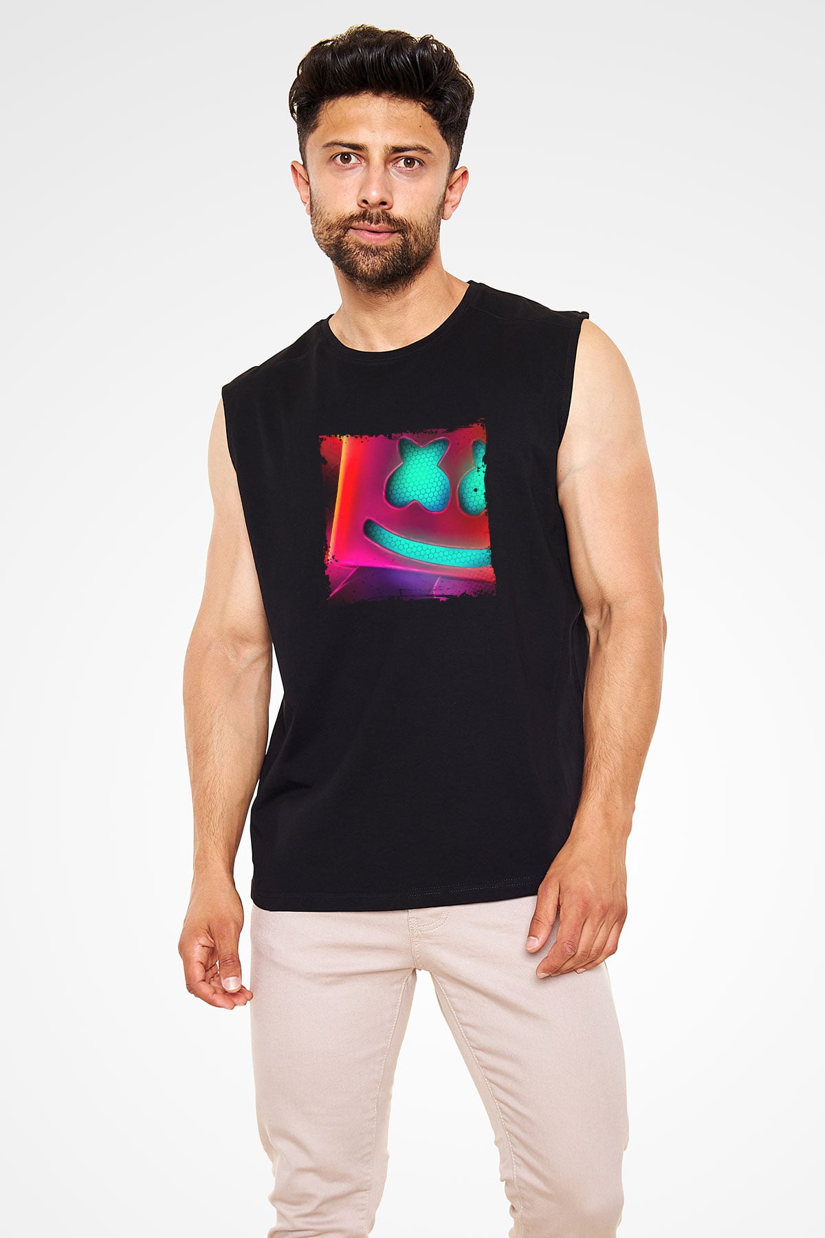 Marshmello Baskılı Unisex Siyah Kolsuz Tişört