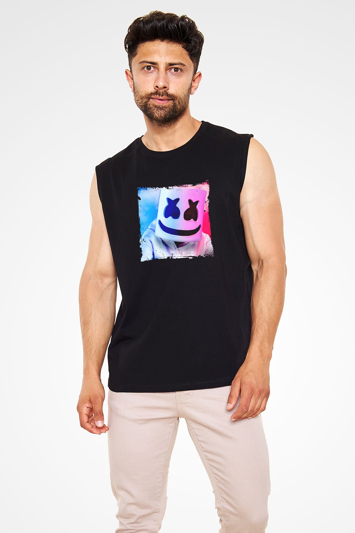 Marshmello Baskılı Unisex Siyah Kolsuz Tişört