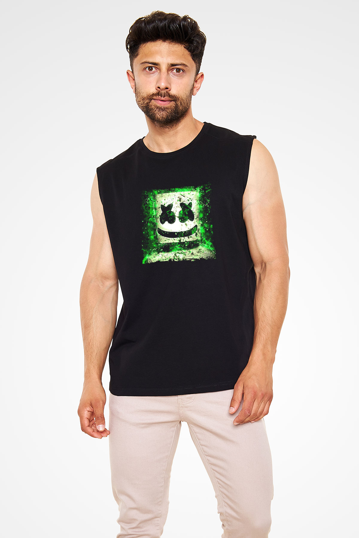 Marshmello Baskılı Unisex Siyah Kolsuz Tişört