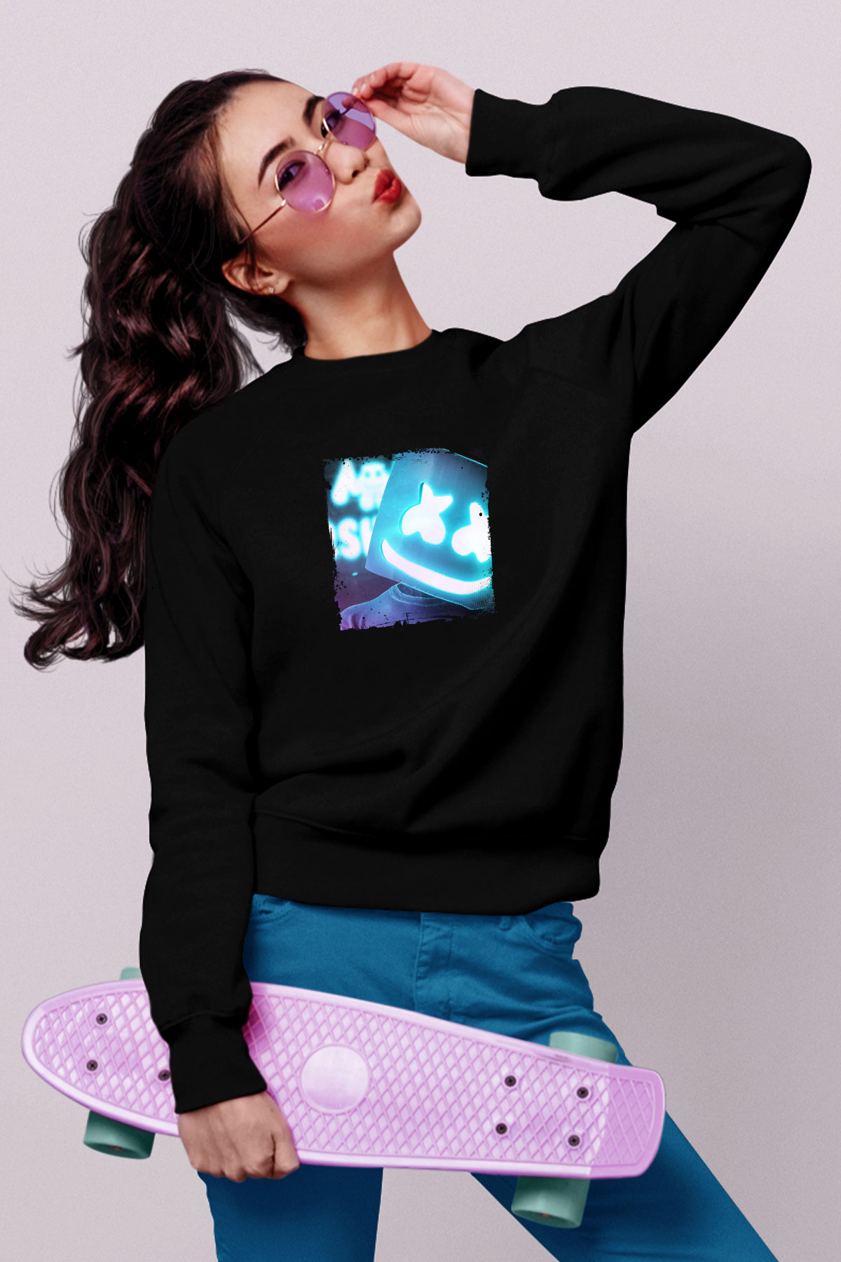 Marshmello Baskılı Unisex Siyah Sweatshirt