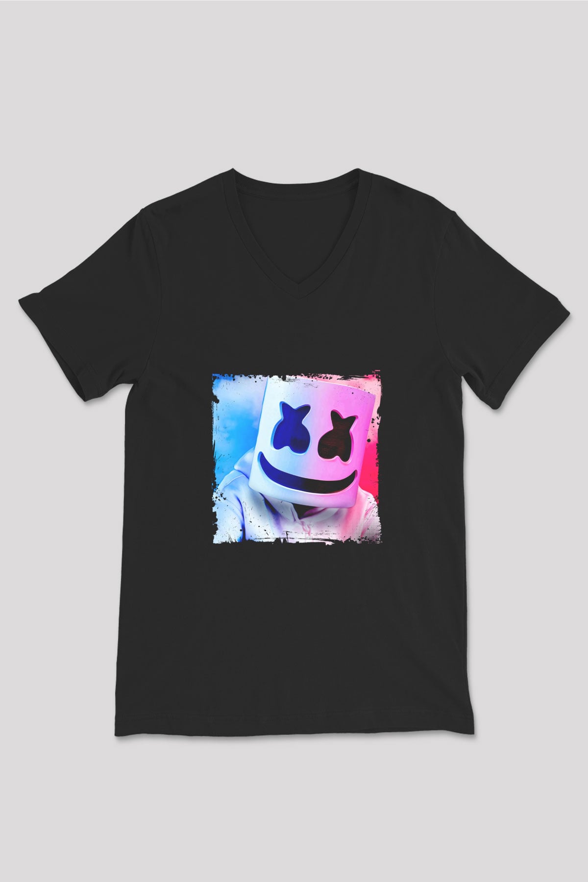 Marshmello Baskılı Unisex Siyah V Yaka Tişört