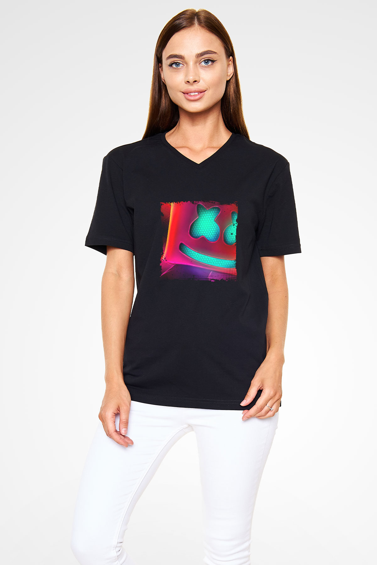Marshmello Baskılı Unisex Siyah V Yaka Tişört
