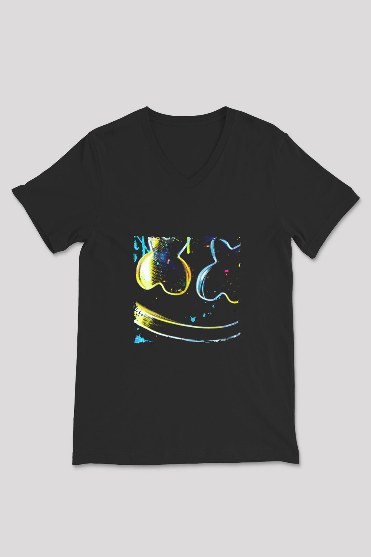 Marshmello Baskılı Unisex Siyah V Yaka Tişört