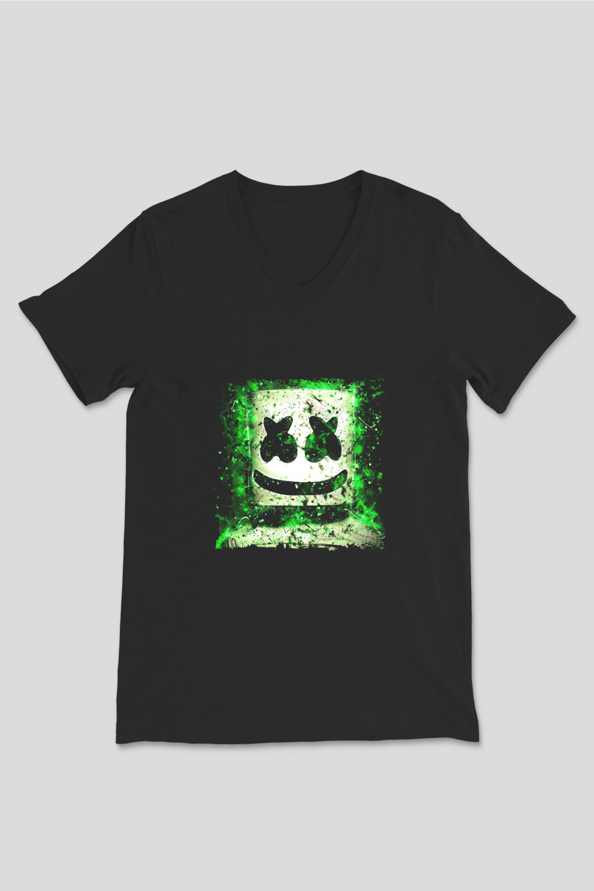 Marshmello Baskılı Unisex Siyah V Yaka Tişört