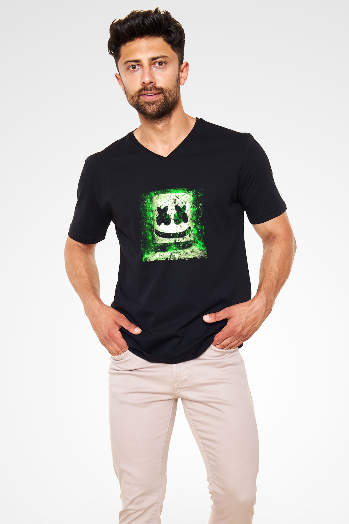 Marshmello Baskılı Unisex Siyah V Yaka Tişört
