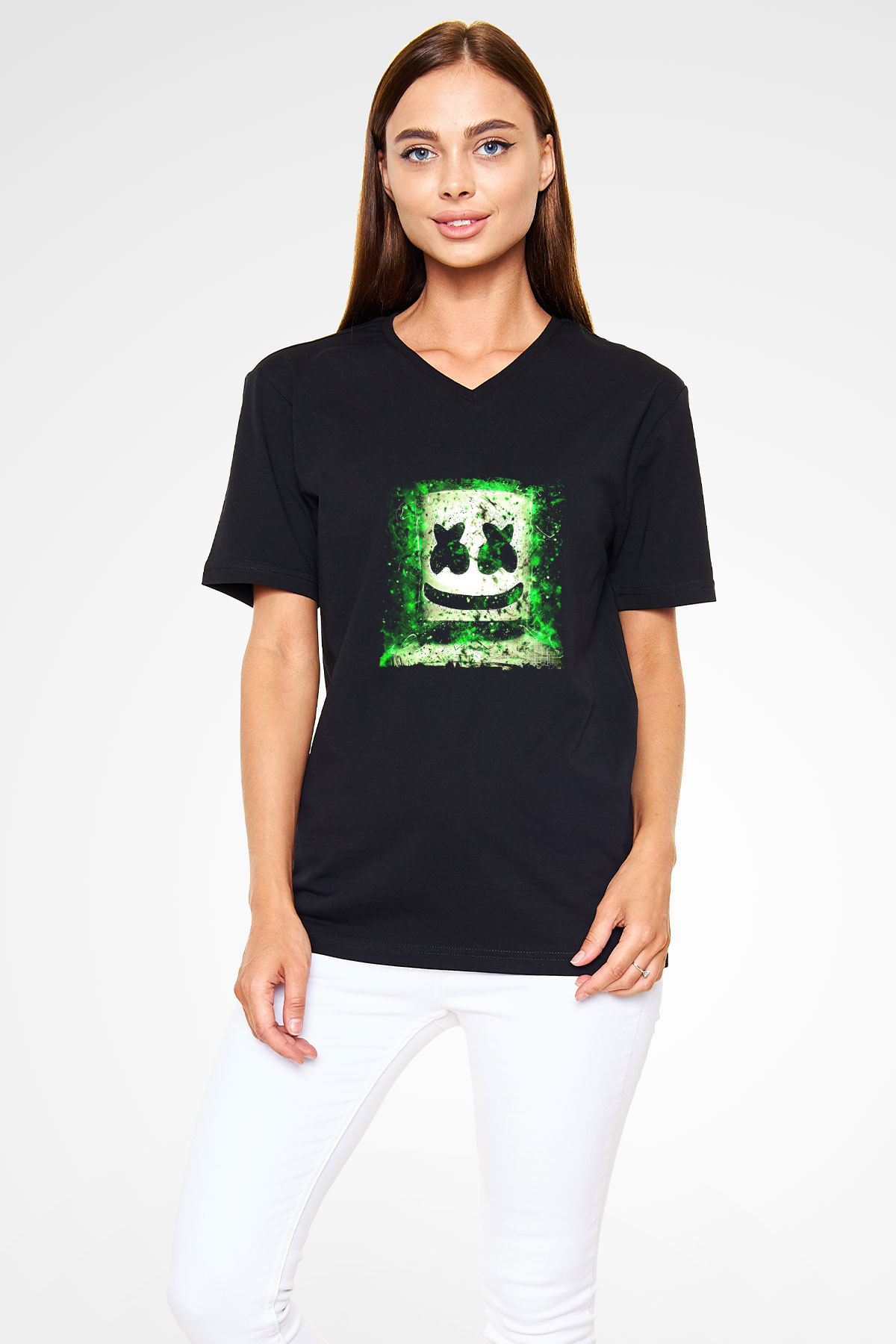 Marshmello Baskılı Unisex Siyah V Yaka Tişört