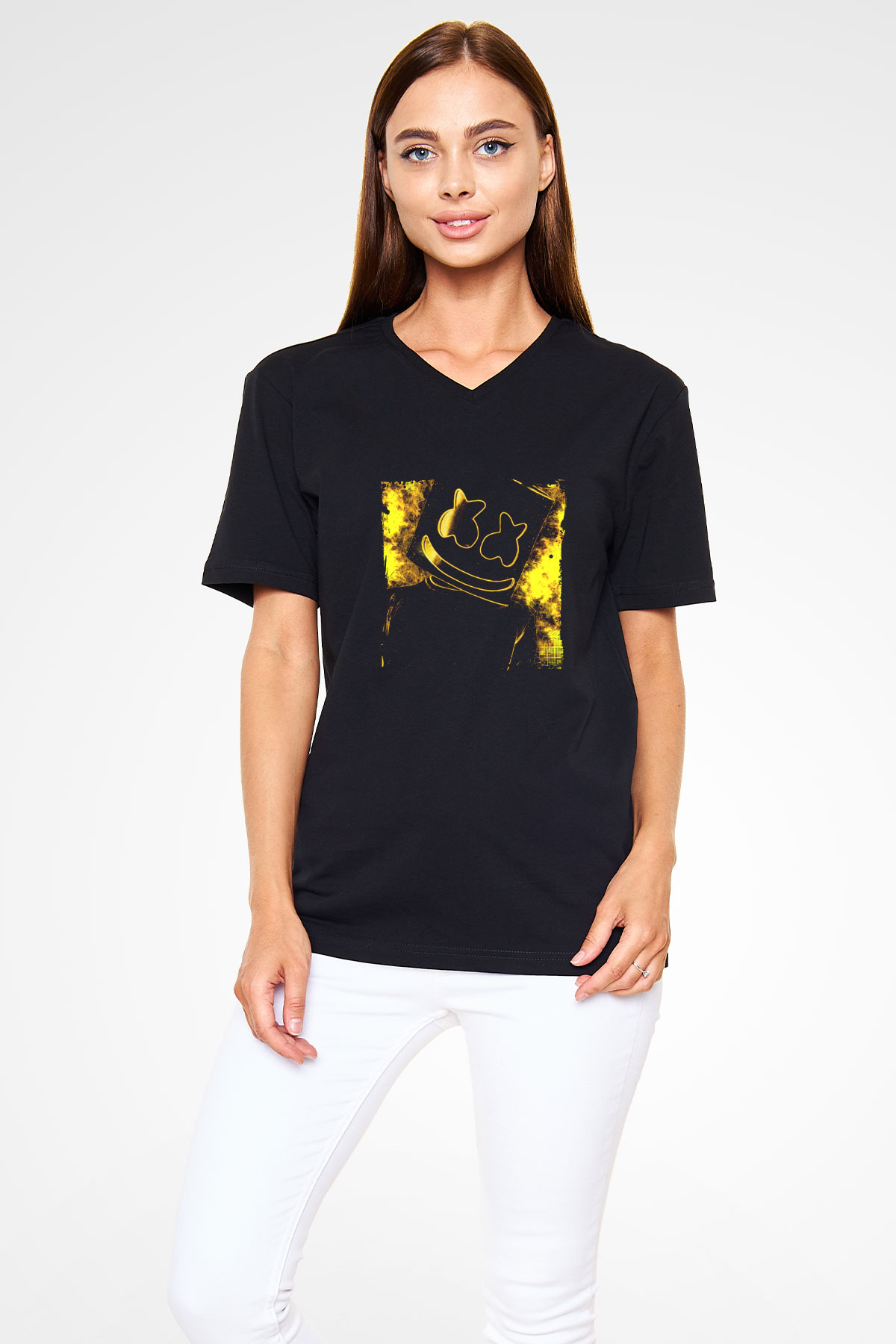 Marshmello Baskılı Unisex Siyah V Yaka Tişört
