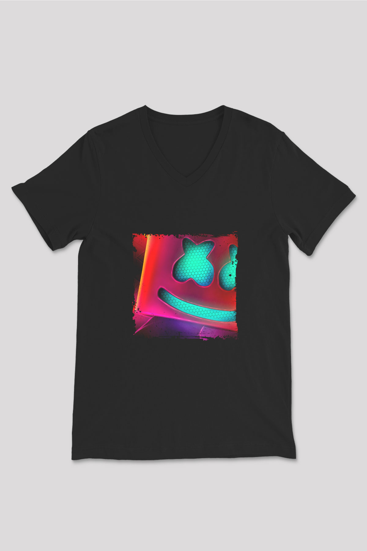 Marshmello Baskılı Unisex Siyah V Yaka Tişört