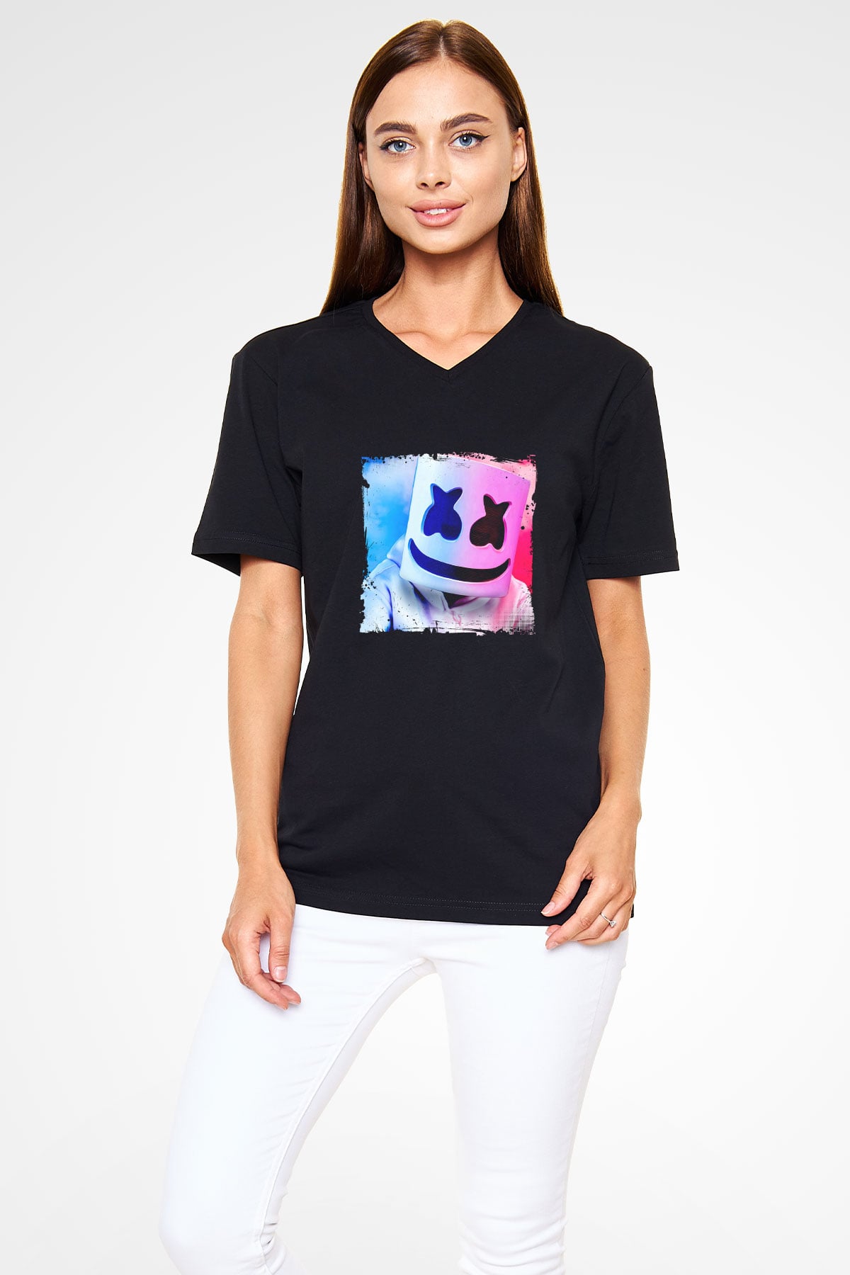 Marshmello Baskılı Unisex Siyah V Yaka Tişört
