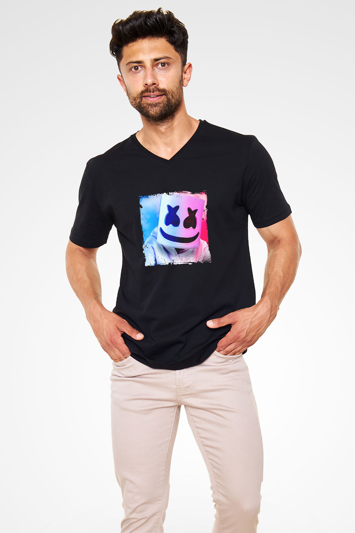 Marshmello Baskılı Unisex Siyah V Yaka Tişört