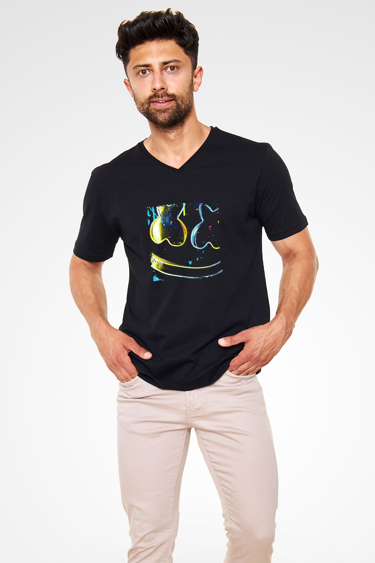 Marshmello Baskılı Unisex Siyah V Yaka Tişört