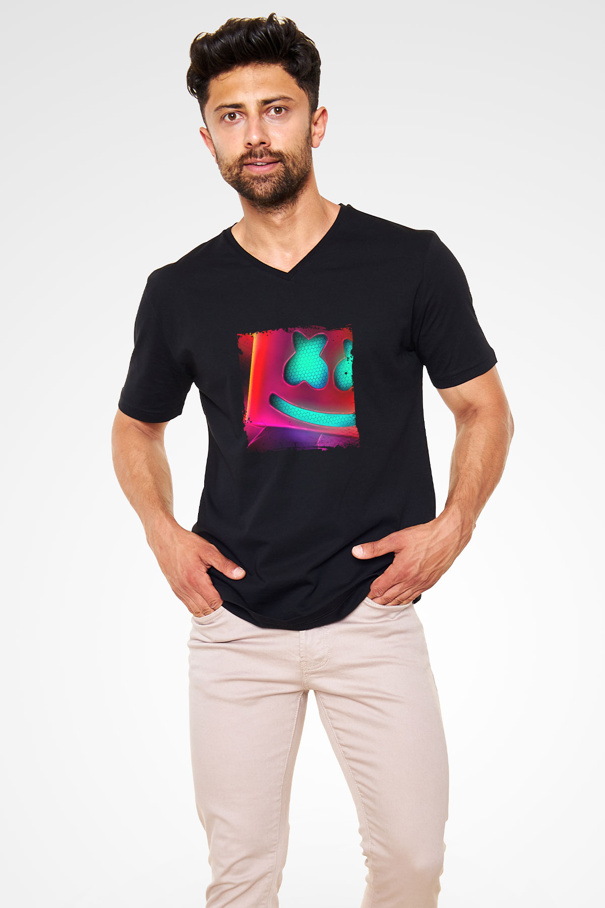 Marshmello Baskılı Unisex Siyah V Yaka Tişört