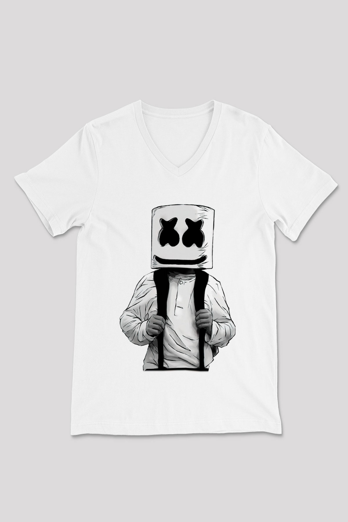Marshmello Beyaz Unisex V Yaka Tişört T-Shirt