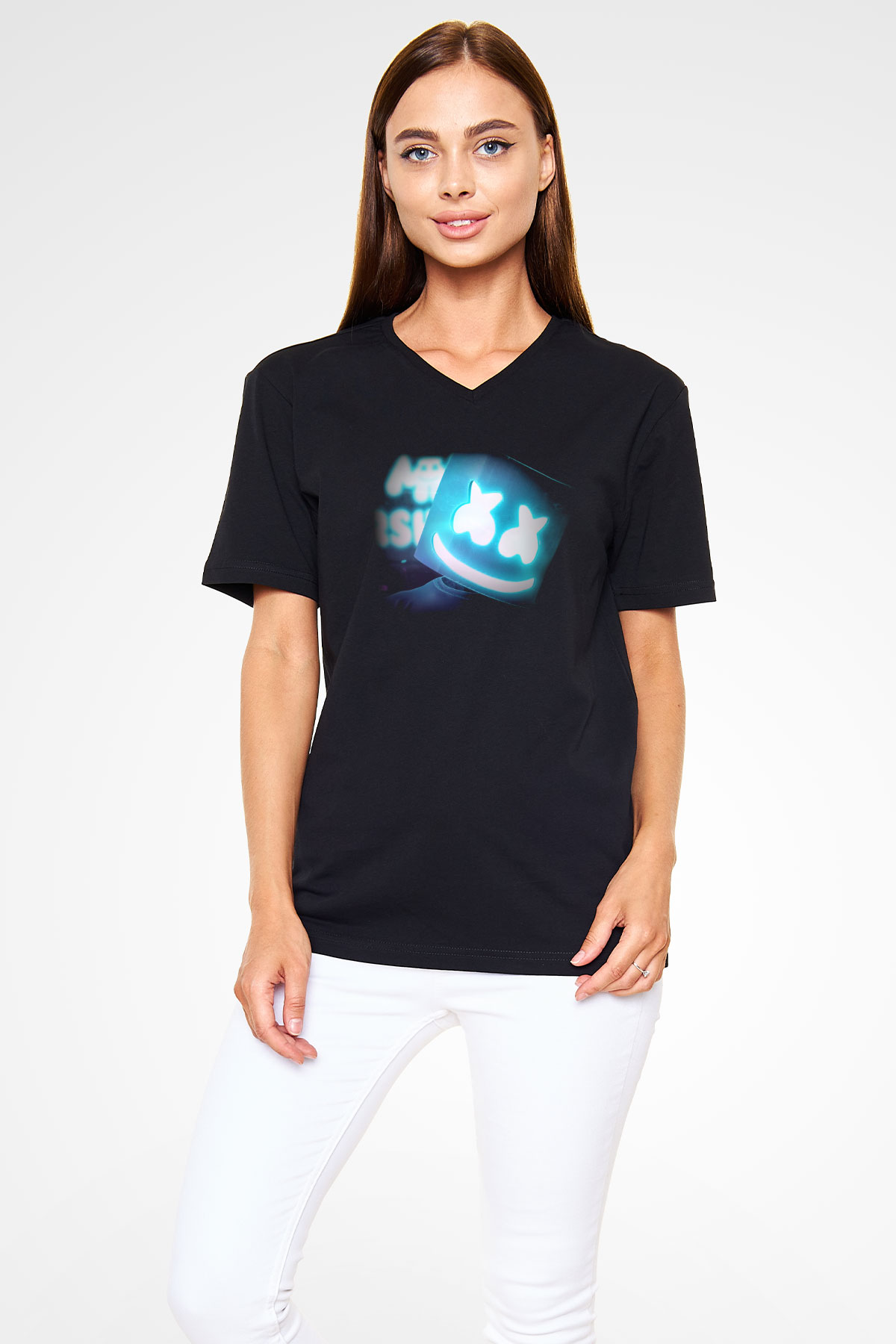 Marshmello Siyah Unisex V Yaka Tişört T-Shirt