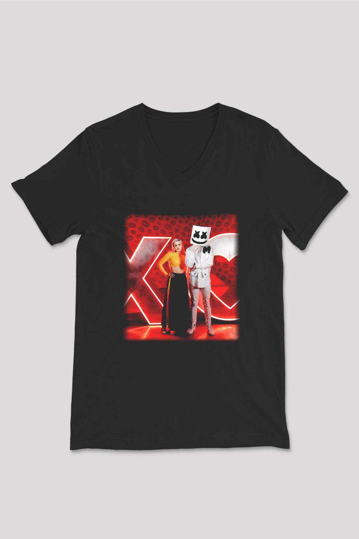Marshmello Siyah Unisex V Yaka Tişört T-Shirt