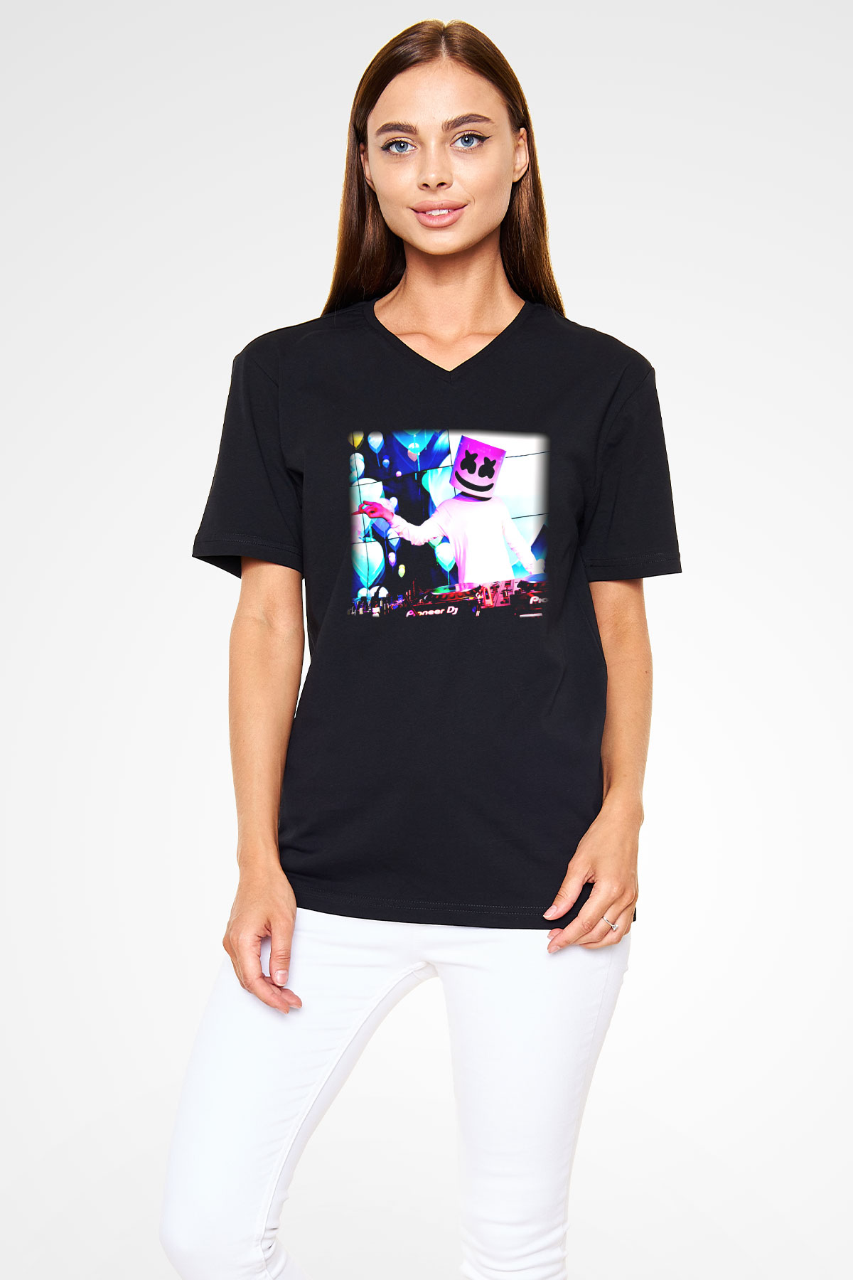 Marshmello Siyah Unisex V Yaka Tişört T-Shirt