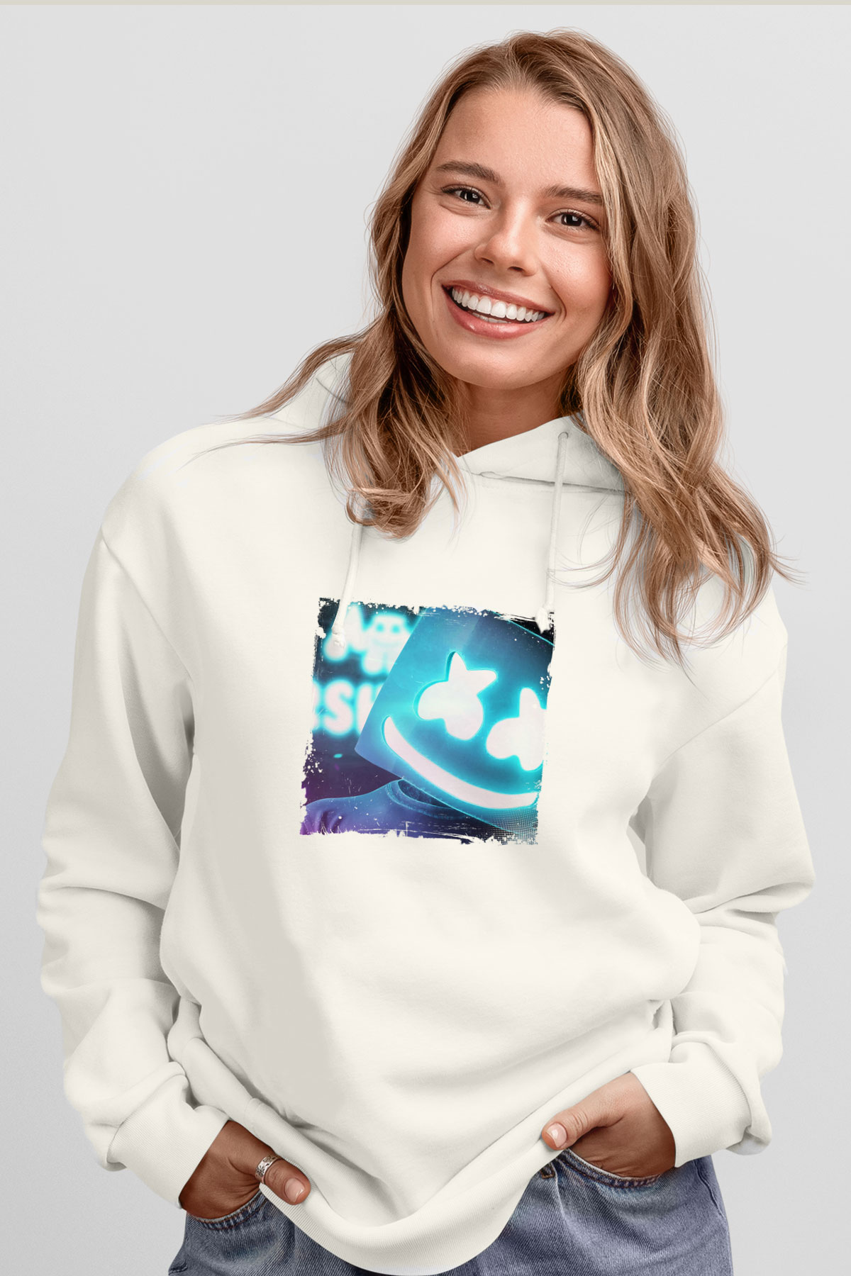 MarshmelloBaskılı Beyaz Hoodie