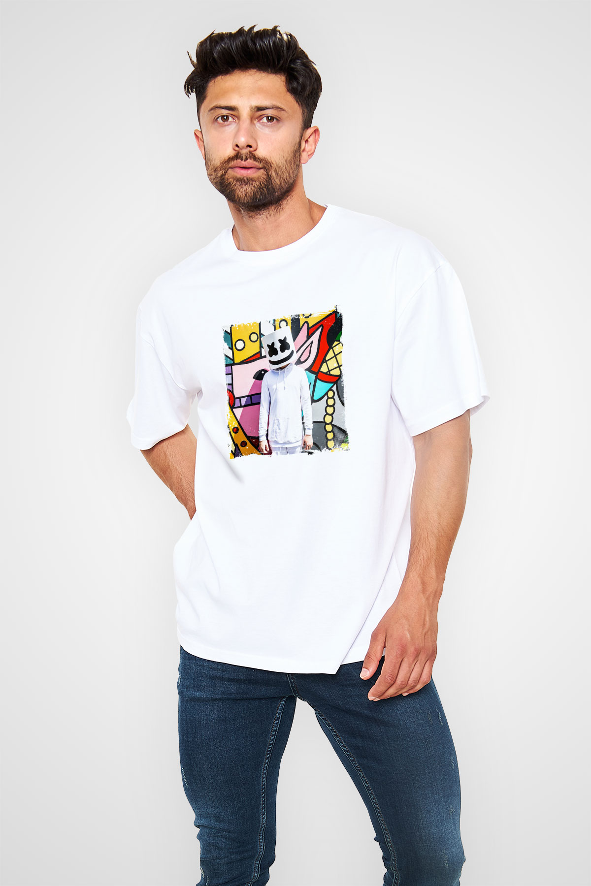 MarshmelloBaskılı Beyaz Oversize Tişört